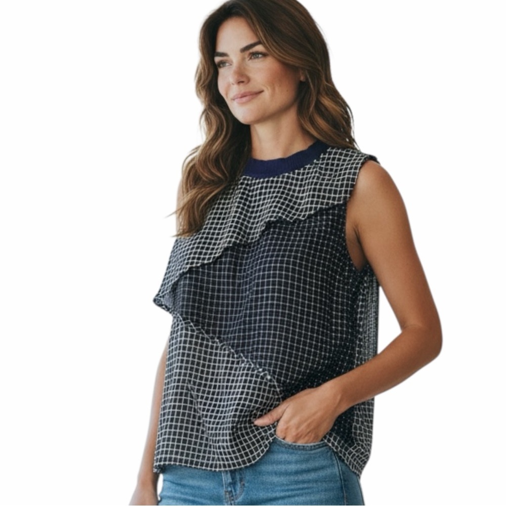 CARVEN Cotton Woman’s Mixed Grid Asymmetrical Sleeveless Top Size XS